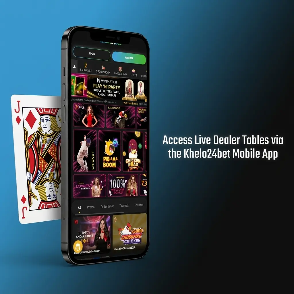 Khelo24bet mobile app live dealer casino table lobby on Android and iOS devices