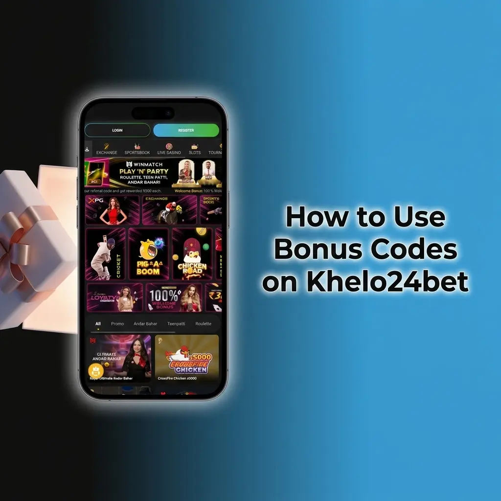 Khelo24bet deposit screen showing promo code field with UPI payment options and bonus code entry steps