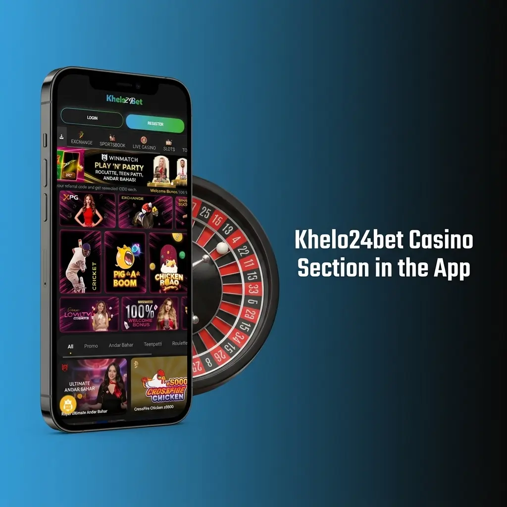 Khelo24bet app casino section showing slots, live dealer, Indian games, crash games, and table game categories