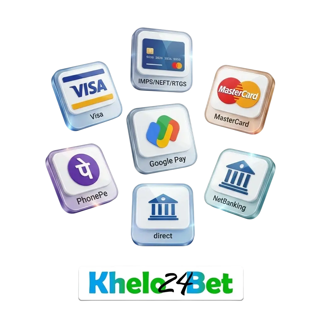 Khelo24bet payment methods in India showing UPI, NetBanking, Visa, RuPay deposit and withdrawal options in INR