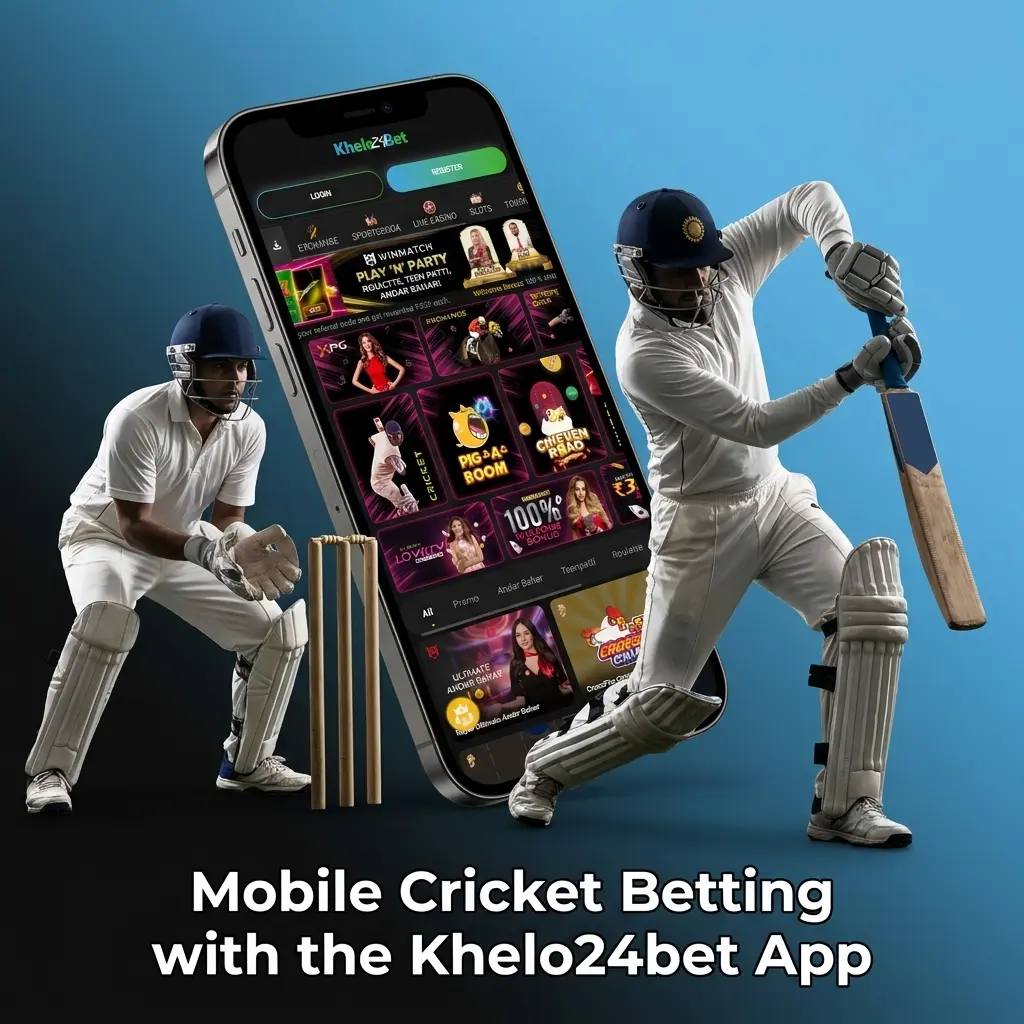 Khelo24bet mobile app interface showing cricket betting markets, live odds, and UPI deposit options on Android and iOS